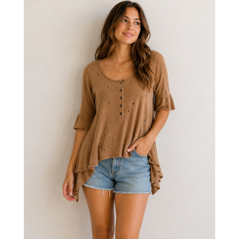 Free People Distressed Linen Tunic Flowy Boho Indie Cottagecore Scandi Western